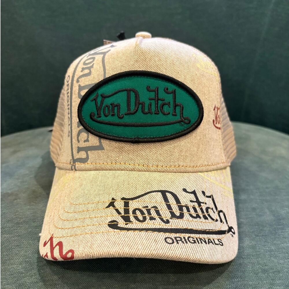 Stylish Von Dutch Trucker Hat - Khaki/Tan with Green Logo